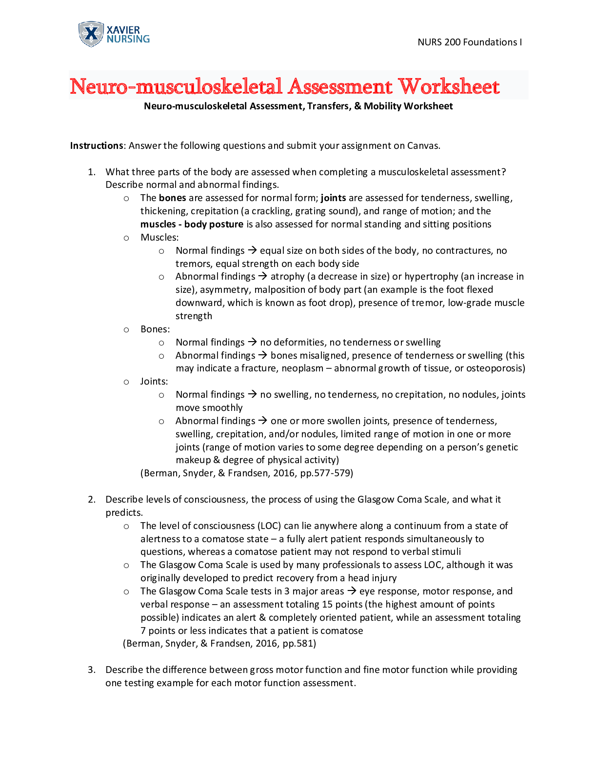 Preview of NURS 202 Neuro-musculoskeletal Assessment Worksheet